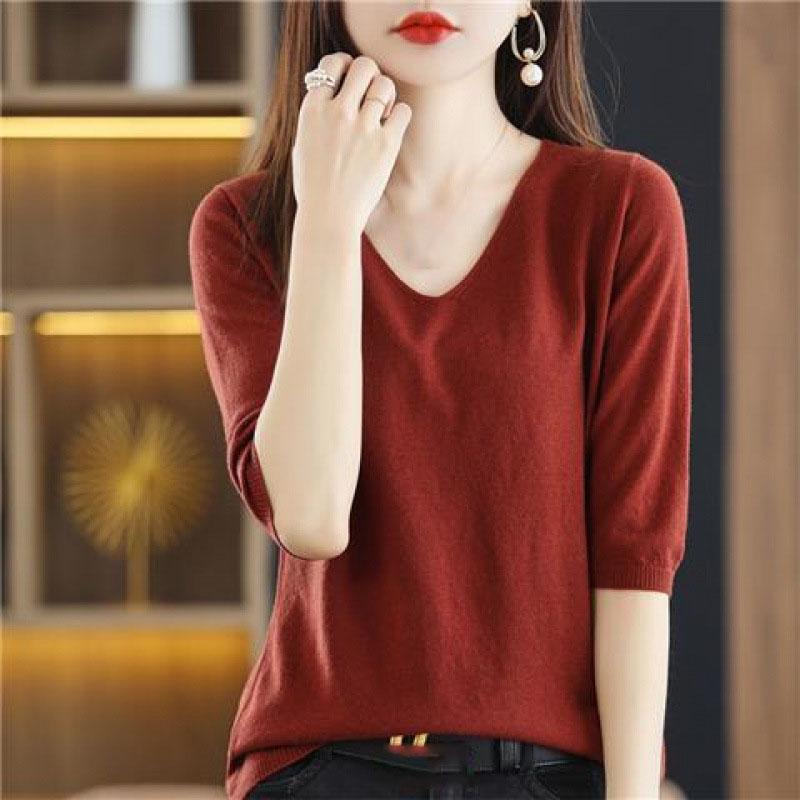 Spring Autumn V-neck Pullover Sweater Women's Mid-sleeve Undershirt Loose Five-sleeve Knitted Short-sleeved Women's Inner Top