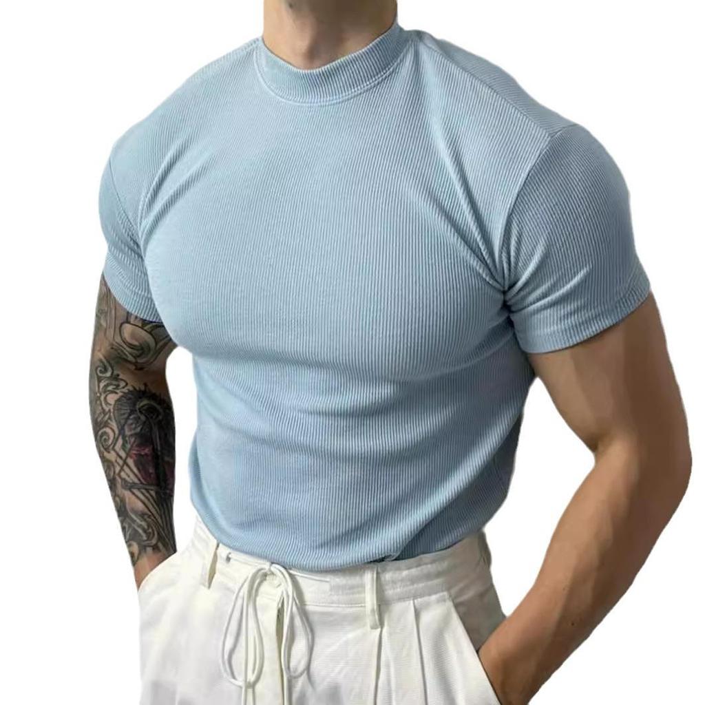 Europejski Męski T-Shirt Slim Fit z Wysokim Kołnierzem i Krótkim Rękawem, Letnia Elastyczność, Nowy Okrągły Dekolt