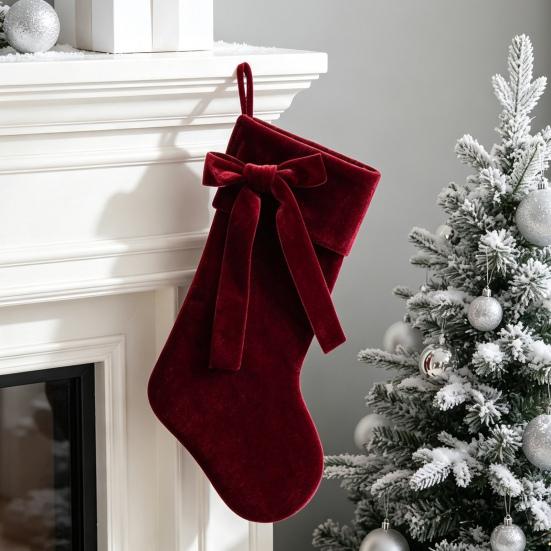 Stockings for Gifts 19 Inch Velvet Christmas Stocking with Bow, Soft Large Fireplace Hanging Tree Ornaments Sock Plush Cuff Mantel, Holiday