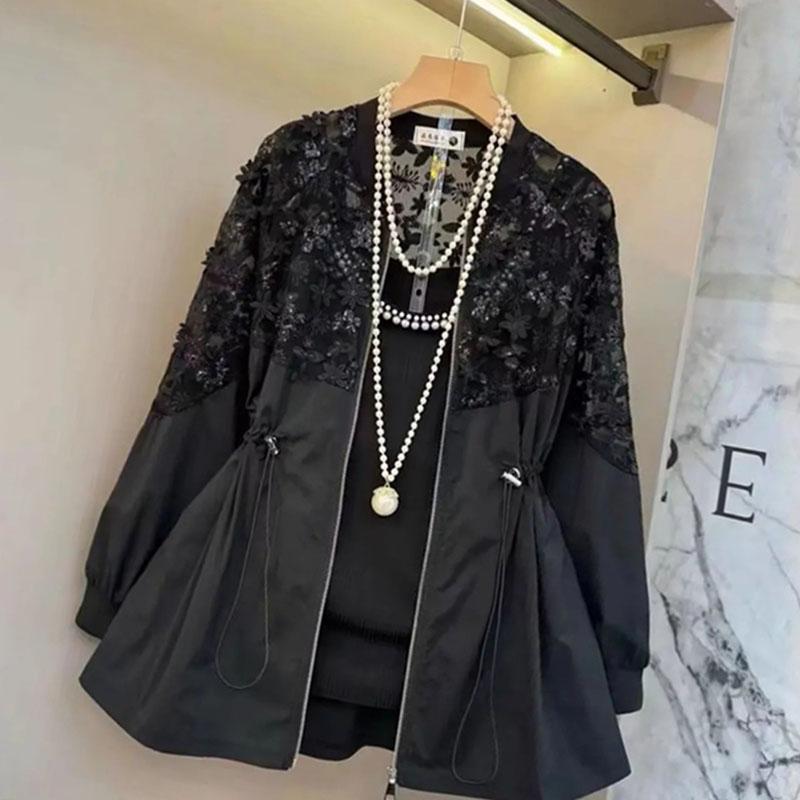 Sommer Dreidimensionale Blume Windjacke Übergröße Damen Fette Schwester Western-Stil Joker Slim Spitze Stickerei Langarm Mantel
