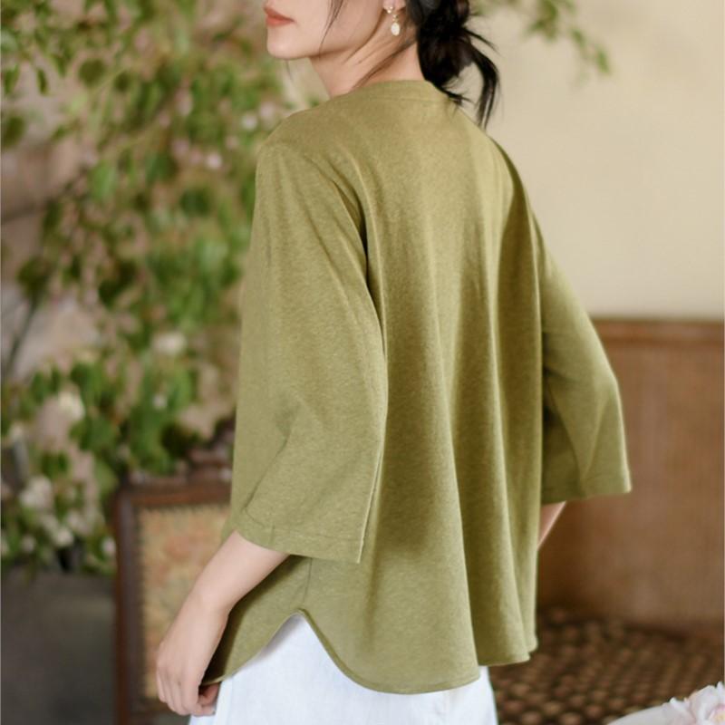 Johnature Women Knitted T-Shirts Solid Color O-Neck Spring Seven Sleeve Button Fold Casual T-Shirts