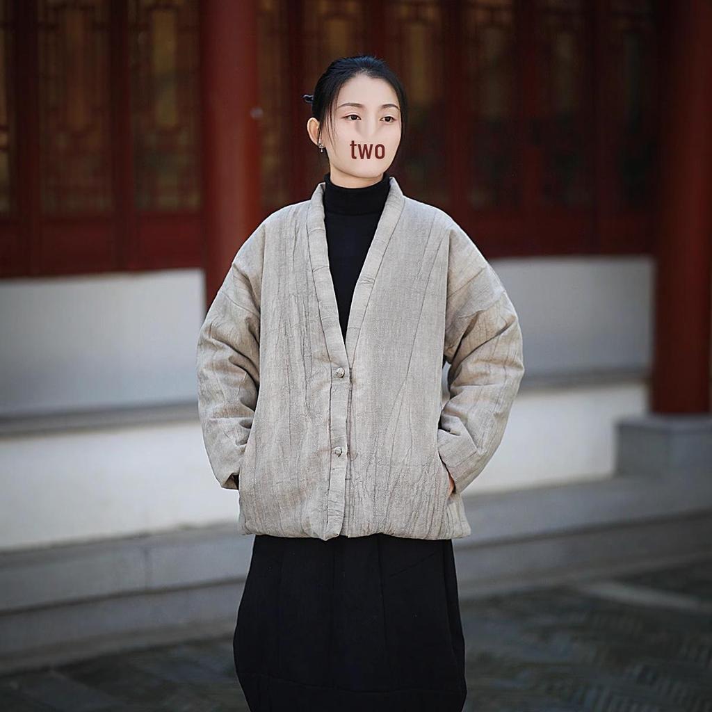 Vintage Chinese Tie-Dye Winter Cotton Coat with Buttons and Ramie Quilting