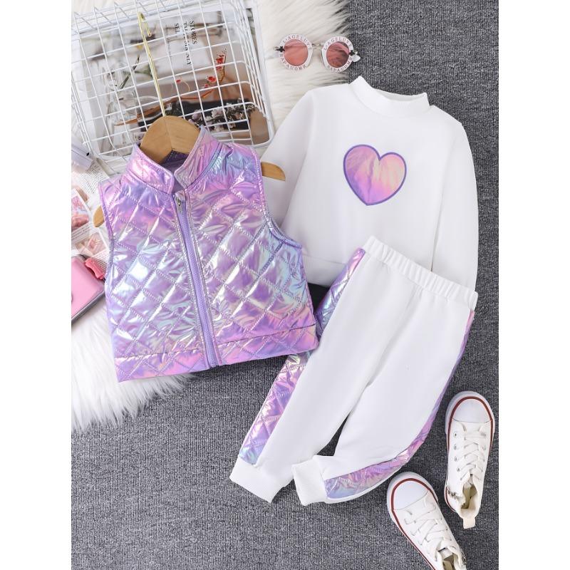 

Комплект одежды для девочек: Белый свитшот с круглым вырезом и длинными рукавами с фиолетовым узором в виде сердец, детские брюки с эластичной талией, модный глянцевый фиолетовый без рукавов 2-3Y белый