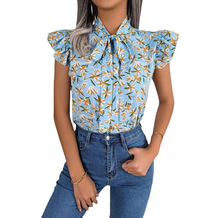 Damen Sommer Chiffon Bluse Floral Schnürung Schleife Holzohr Hemd