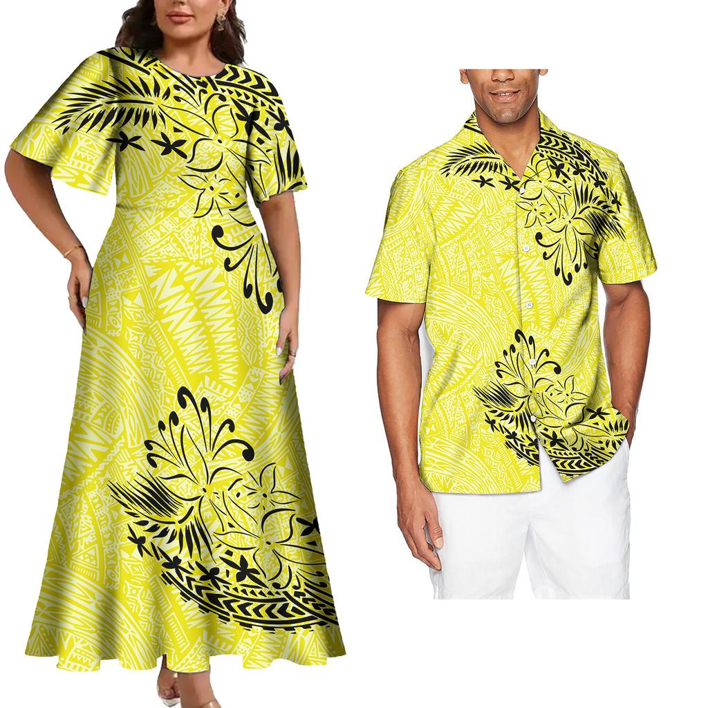 Tenues Assorties pour Couple Ensemble Deux Pièces Femme Robes de Soirée Assorties Chemises Homme Tenues de Couple Tribales Polynésiennes Samoa Personnalisées