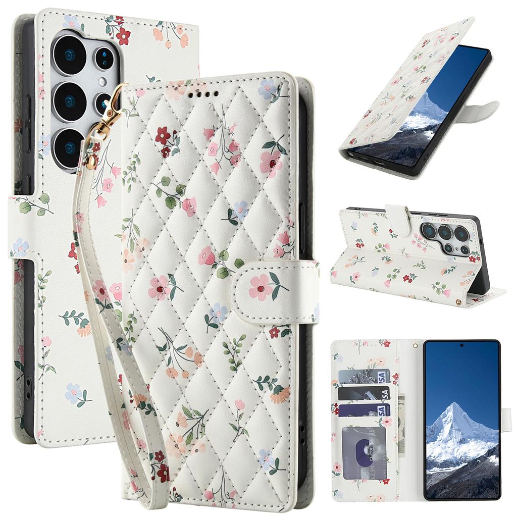 Rhombus Flower Pattern Leather Case for Samsung Galaxy S25 Ultra S24 Plus S23 FE S22 S21 S20 Note20 A36/A56 A55 A54 Wallet Cover