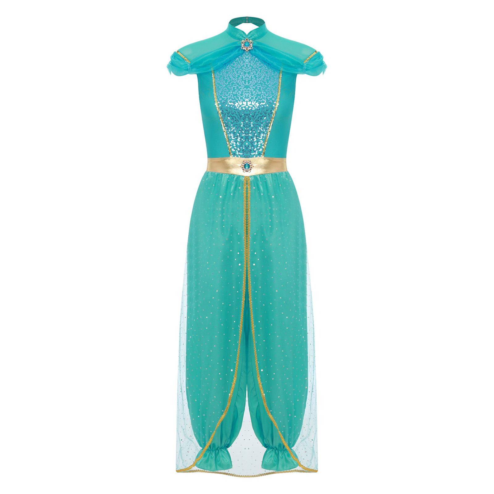 

Жіночий комбінезон арабської принцеси, прикрашений коштовностями, з блискучою накидкою, цілісний ромпер, костюм для танцю живота на Хелловін L світло-синій колір