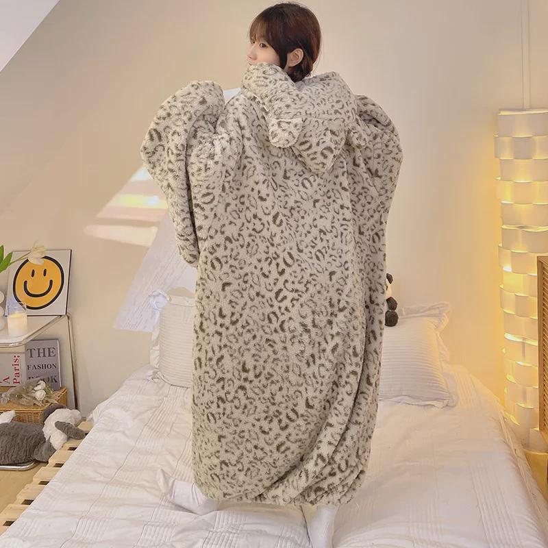 Pyjama d'hiver long en flanelle à capuche pour femme - Peignoir de nuit à manches longues, mignon et chaud