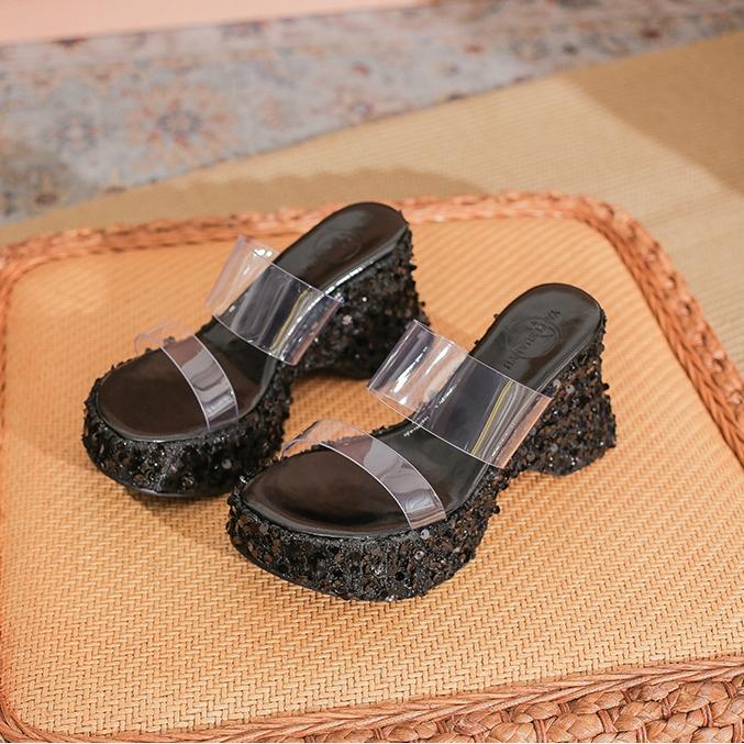 

Шлепанцы женские на танкетке на платформе женские летние уличные новые босоножки среднего каблука со стразами и блестками с узором «елочка» 39