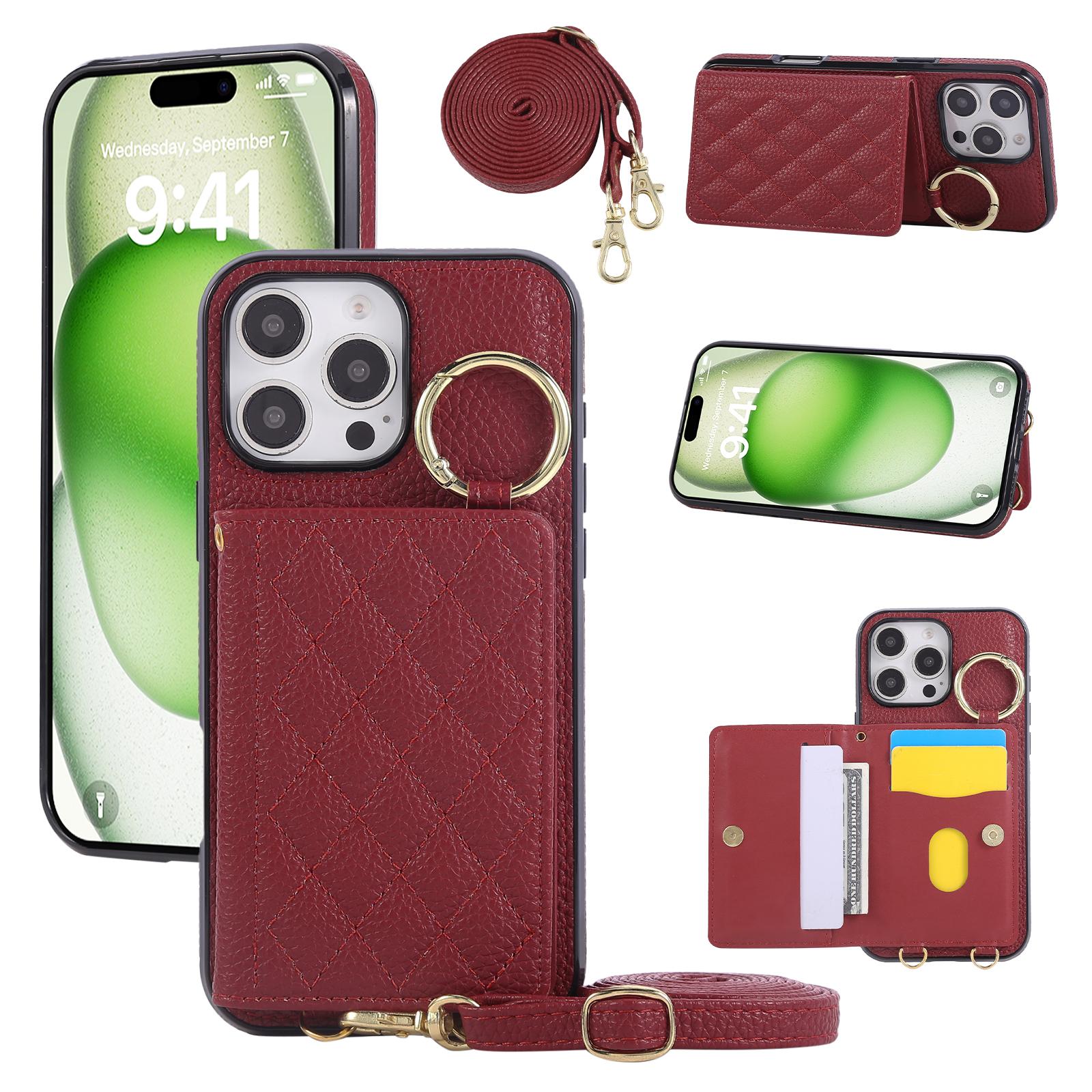 

For iPhone 16 Pro Max Case Kickstand Rhombus Leather+TPU Phone Cover with Shoulder Strap Red