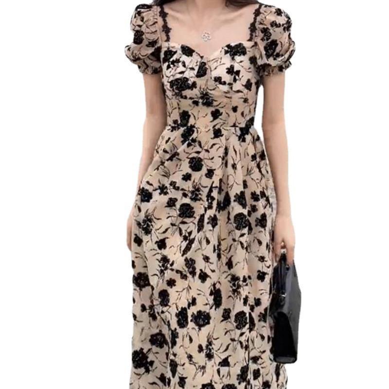 Hong Kong Style Floral Hepburn Dress: High Waist, Unique Tea Dress
