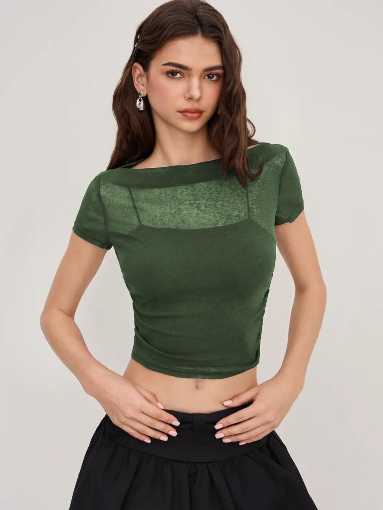 Pure desire wind one-word shoulder mesh short-sleeved top women's summer inner with suspenders, thin versatile short top Spice girl suit
