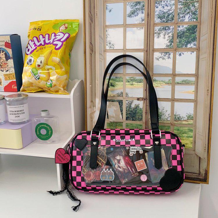 Japanese Kawaii Heart Plaid Ita Bag - Women's Transparent Crossbody with Pin Board
