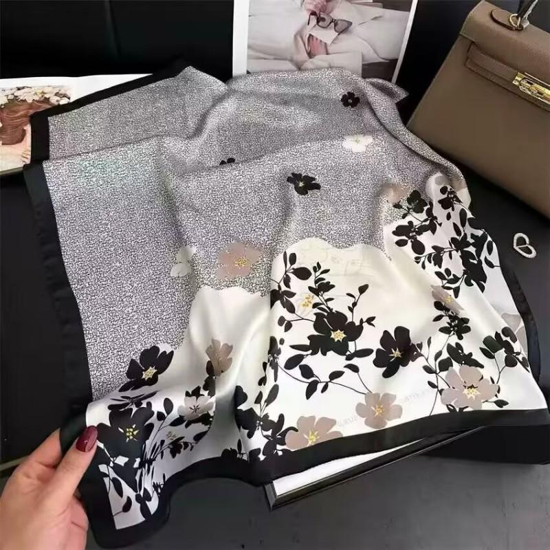70x70cm Lightweight Cotton Silk Square Scarf With Boho Floral Print Breathable Neck Wrap Women