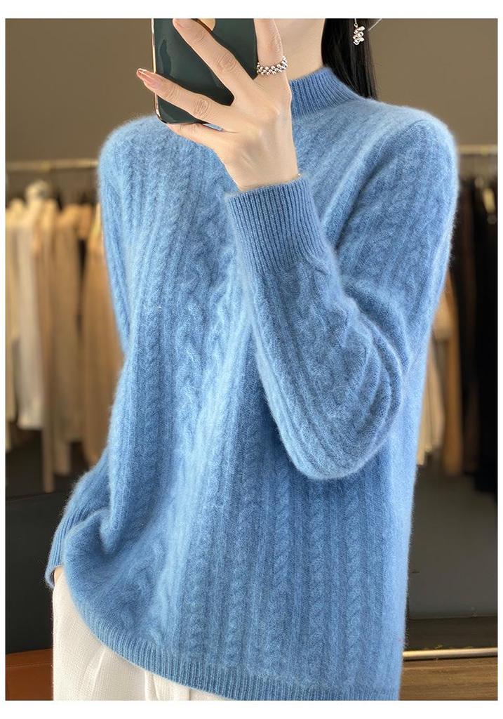 Autumn/Winter 2025 Women's High Neck Pure Wool Cable Knit Slimming Long Sleeve Top