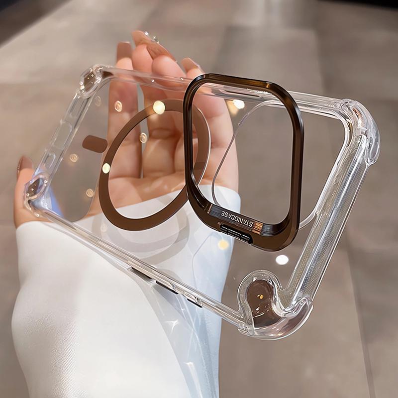 Luxury Transparent Case For iPhone 17 Air 16 15 14 13 12 Pro Max Plus 16Pro Magsafe Wireless Charge Clear Cover &Stand Holder