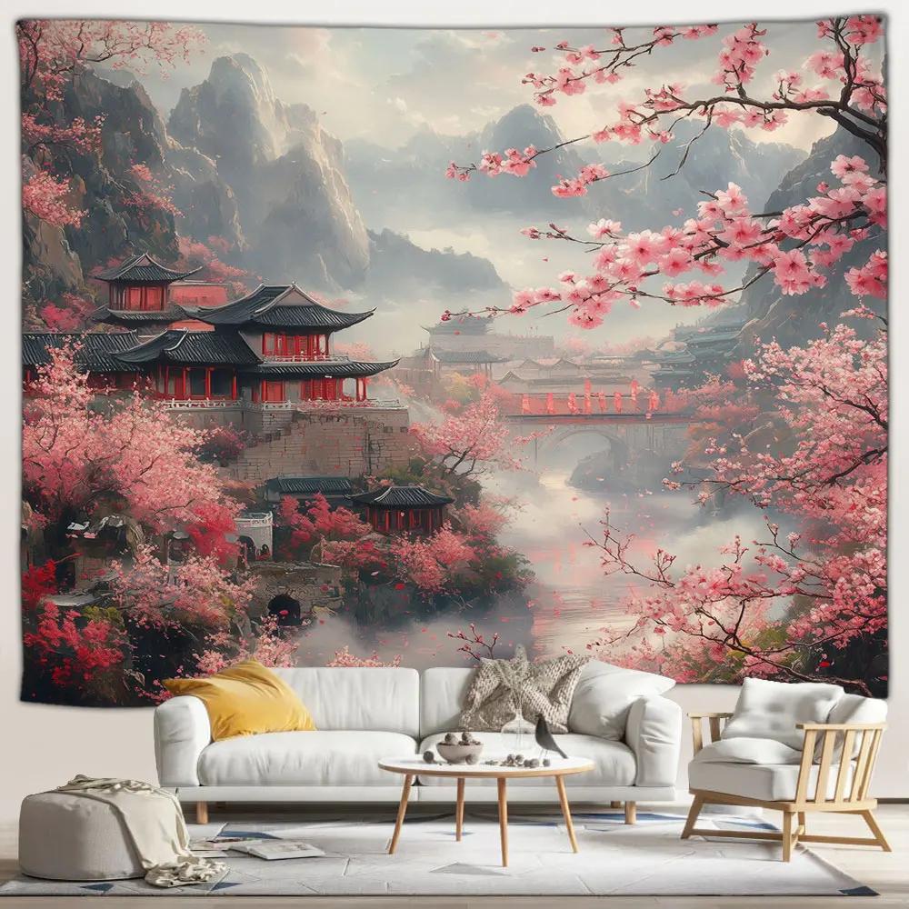Japanese Scenery Tapestry Pink Cherry Blossom Flowers Misty Landscape Chinese Architecture Living Room Bedroom Decor Wall Hangin