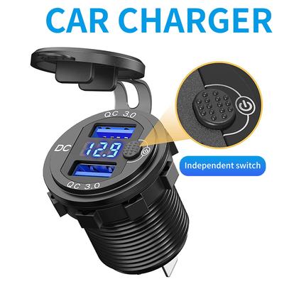 Car Charger QC3.0 Dual USB Cigarette Lighter Socket Waterproof With Voltmeter Switch Quick Charge Adapter 12/24V Car Accessories