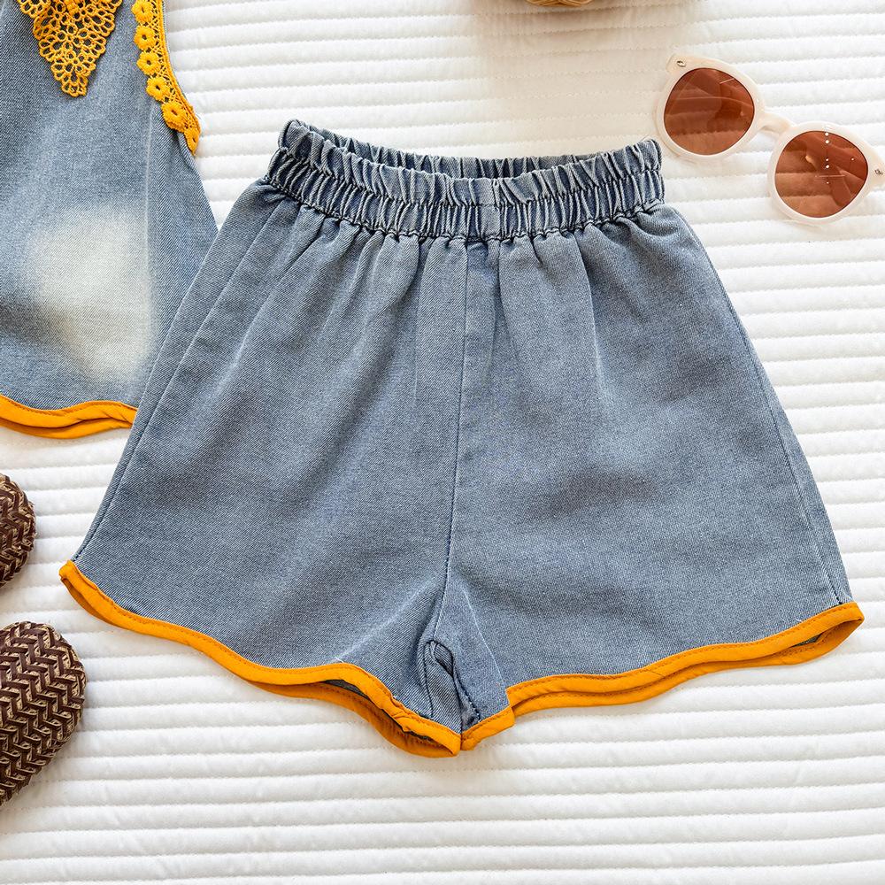 Girls Summer Thin Denim Two Piece Set Cute Bow Sleeveless Vest And Shorts Outfit Fashionable Kids Clothing