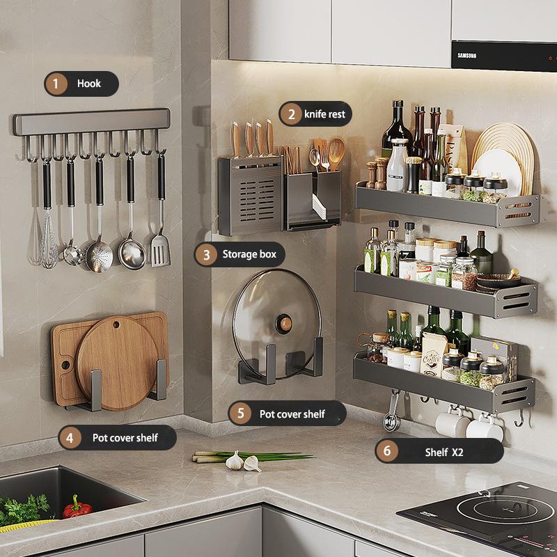 

7 шт. стеллаж для хранения приправ, кухонные аксессуары, предметы домашнего обихода, многофункциональный нож, космическая алюминиевая полка для посуды, кухня 7 PCS