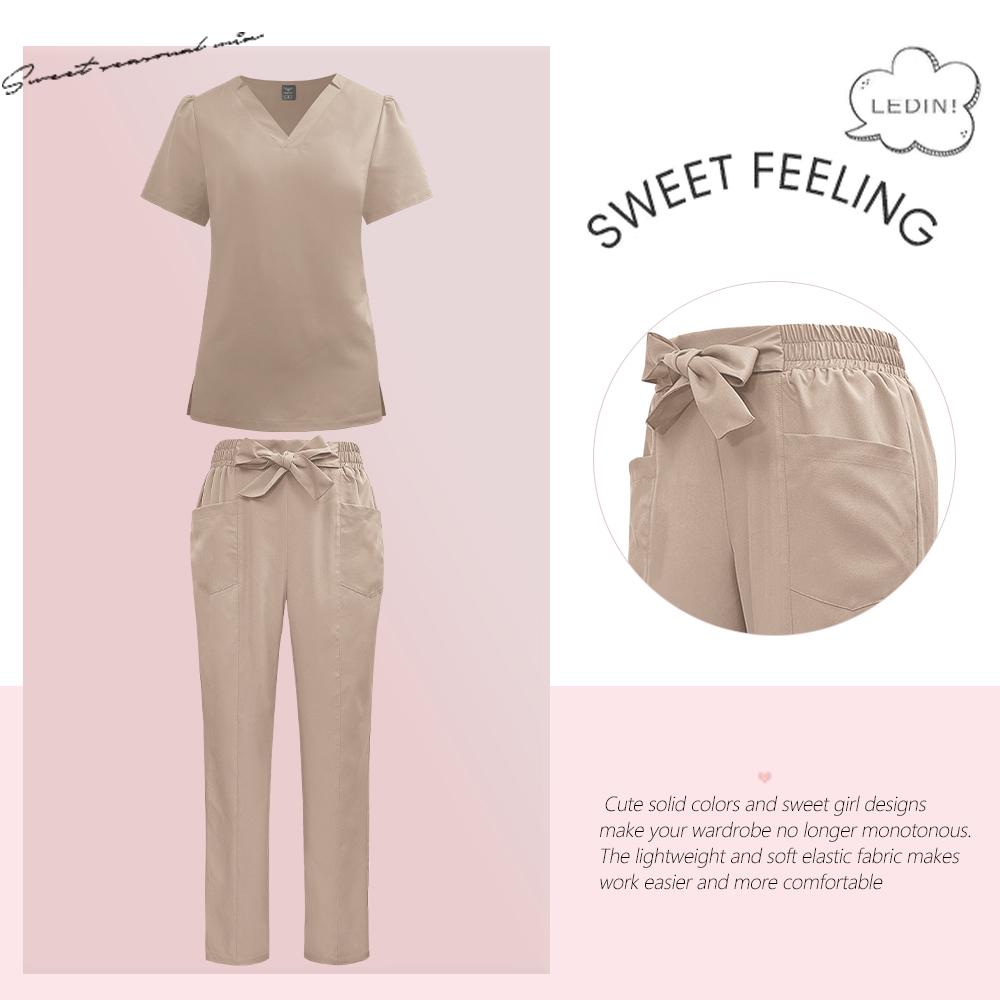 Surgical Uniforms Woman Fashion Bow Belt Nursing Scrubs Set Medical Uniform Top Pants Hospital Clinical Suits Beauty Spa Clothes