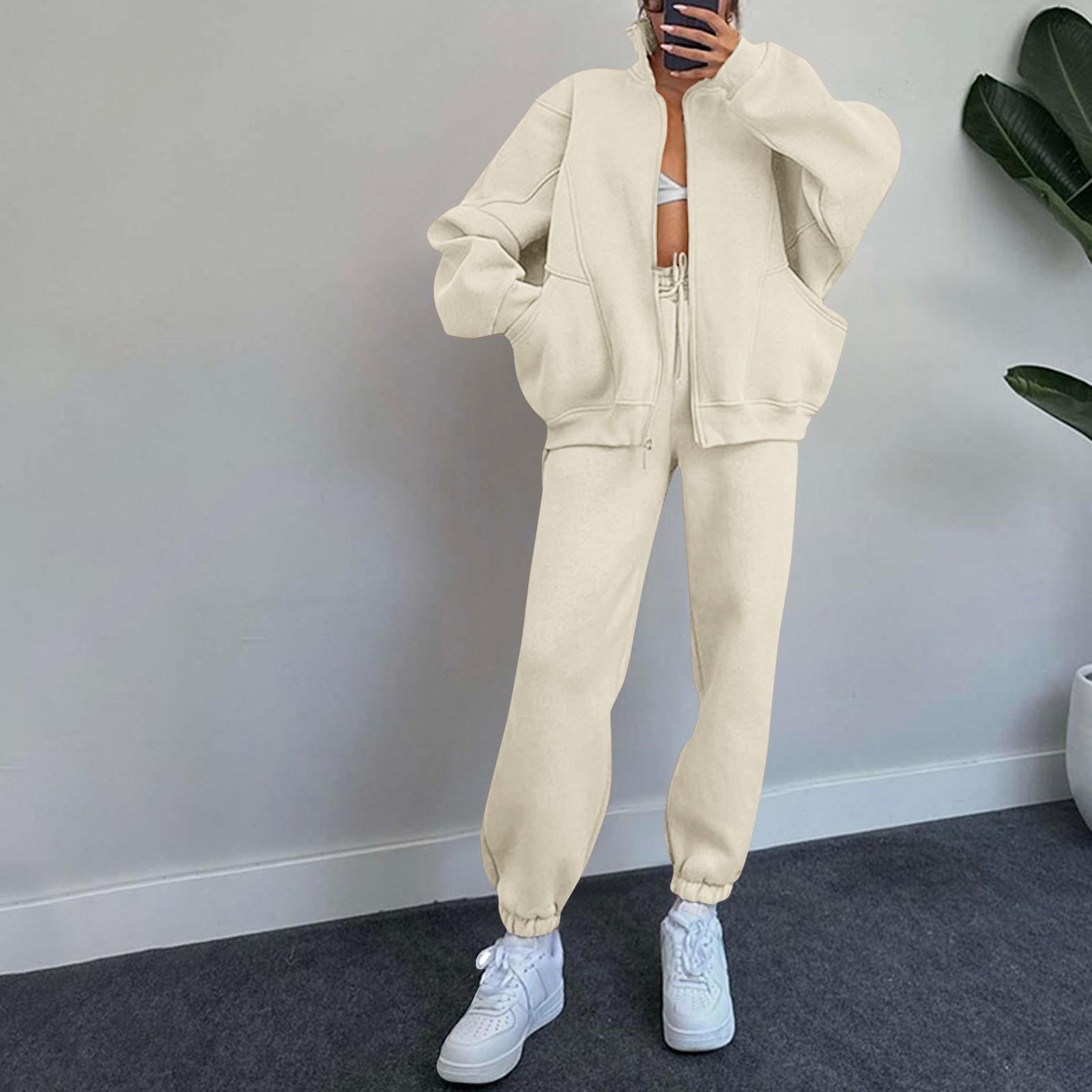 

Женская мода однотонная толстовка с воротником-стойкой, длинными рукавами, карманами, молнией, спортивные штаны на шнурке, повседневный костюм M хаки