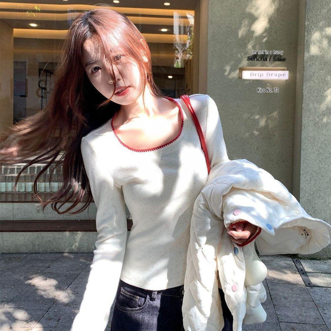 

Korean Style Slim Fit Color Block Long Sleeve T-shirt - Trendy Autumn/Winter Patchwork Top S (30-40 kg)