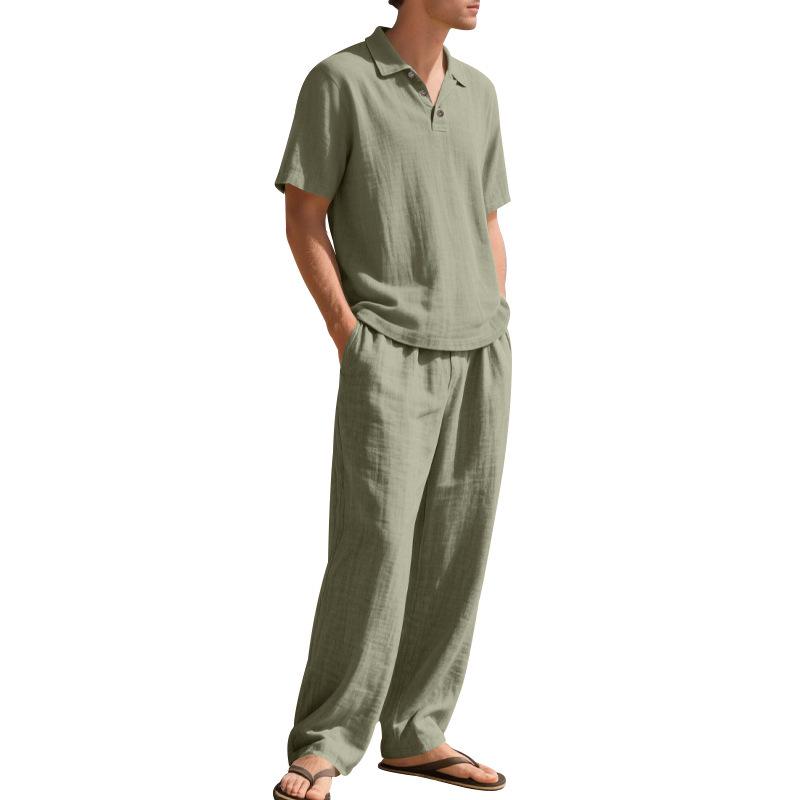 European Men's Casual Linen Short-Sleeve Shirt & Long Pants Set - Breathable Cotton Blend Two-Piece