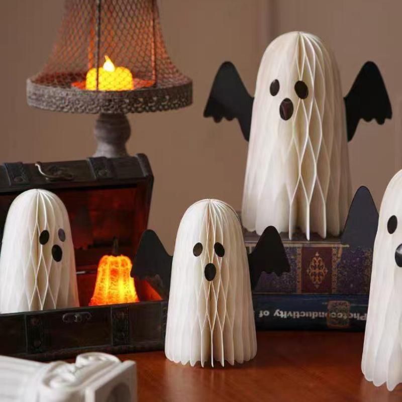 1PC Halloween Ghost Honeycomb Ball Decoration Paper Ghost Ornament with Wings Hanging & Tabletop Decor Party Atmosphere Supplies