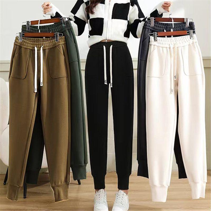 2026 Fall Winter Double-sided Velvet Windproof Outdoor Sports Pants Women's Loose Bunched Feet Large Pockets Padded High-waisted Thermal Sweatpants