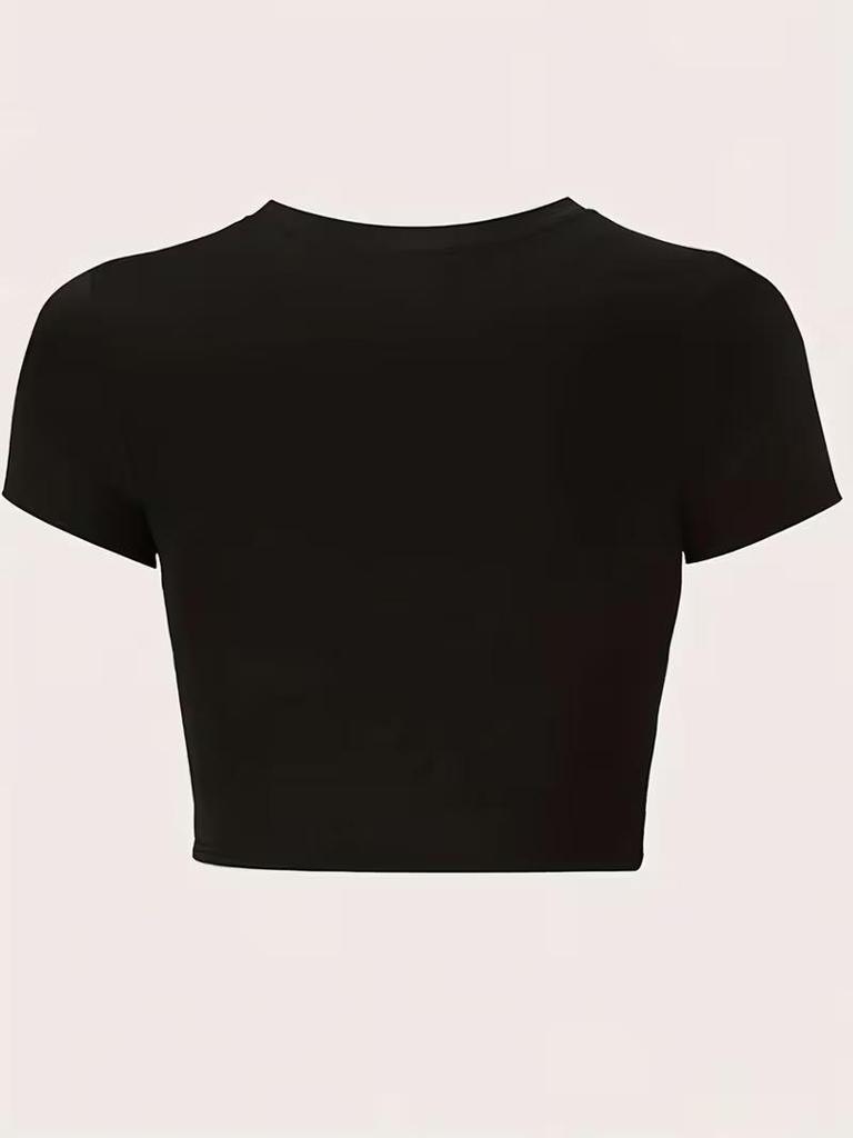 European & American Style Butterfly Print Black Cropped T-shirt - Women's Slim Waist Round Neck Top