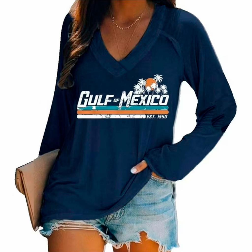 Women's Long Sleeved T-shirt V-neck Gradient Letter Printed Casual And Comfortable Top