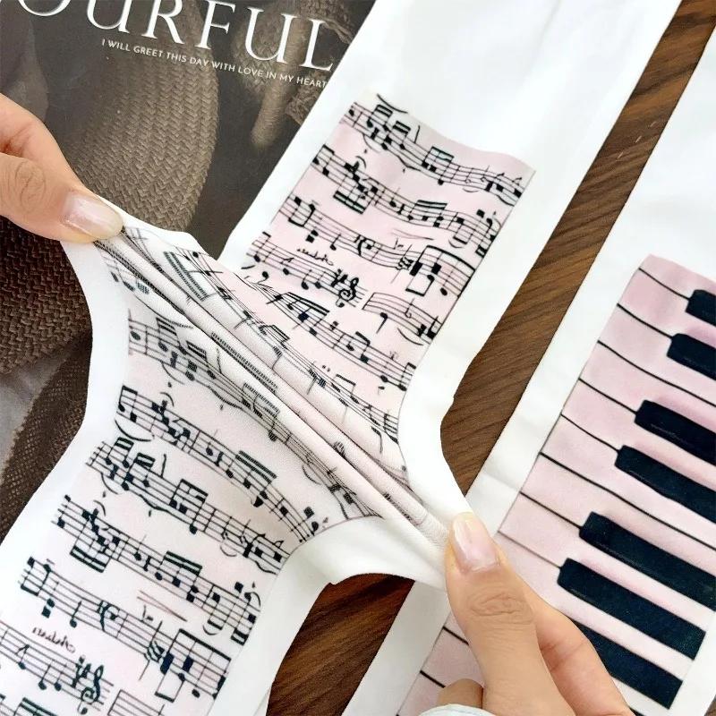 2000S Emo Style Tights Y2K Themed White Leggings with Piano Note Prints Harajuku Style Tights Cute Cosplay Socks