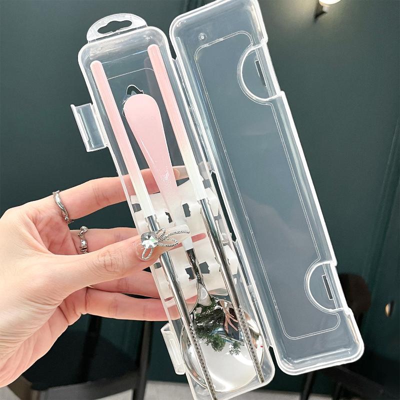 Stainless Steel Portable Cutlery Set Spoon Chopsticks Student Travel Korean Style Portable Cutlery Set With Box Kitchen Supply