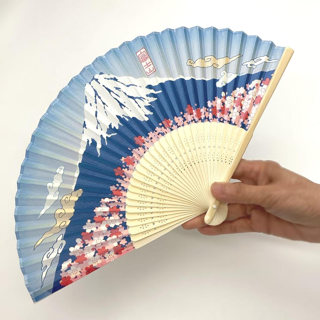 Kyosuke Silk Folding Fan with Cherry Blossom and Fuji and Overseas Japanese Goods Pouch, Mt. Design, Approx. 21cm, Men's Women's, Souvenir,
