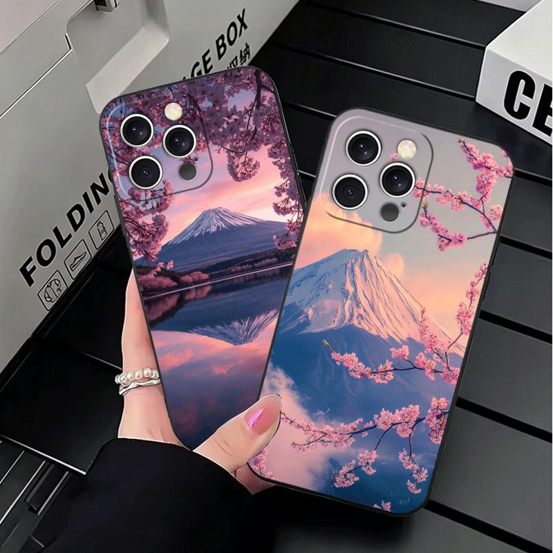 Japanese Pink Cherry Mount Fuji Soft Phone Case for iPhone 16 16E 17 Air 15 Pro Max 14 Plus 13 Mini 11 12 7 Black Cover Back She