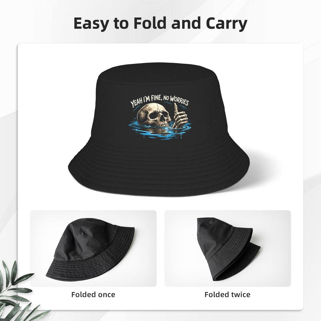 Unisex Yeah I‘M Fine No Worries Skull Vintage Humor Quote Bucket Hat Soft Fold Fisherman Hats Summer Trendy Travel Hiking Caps