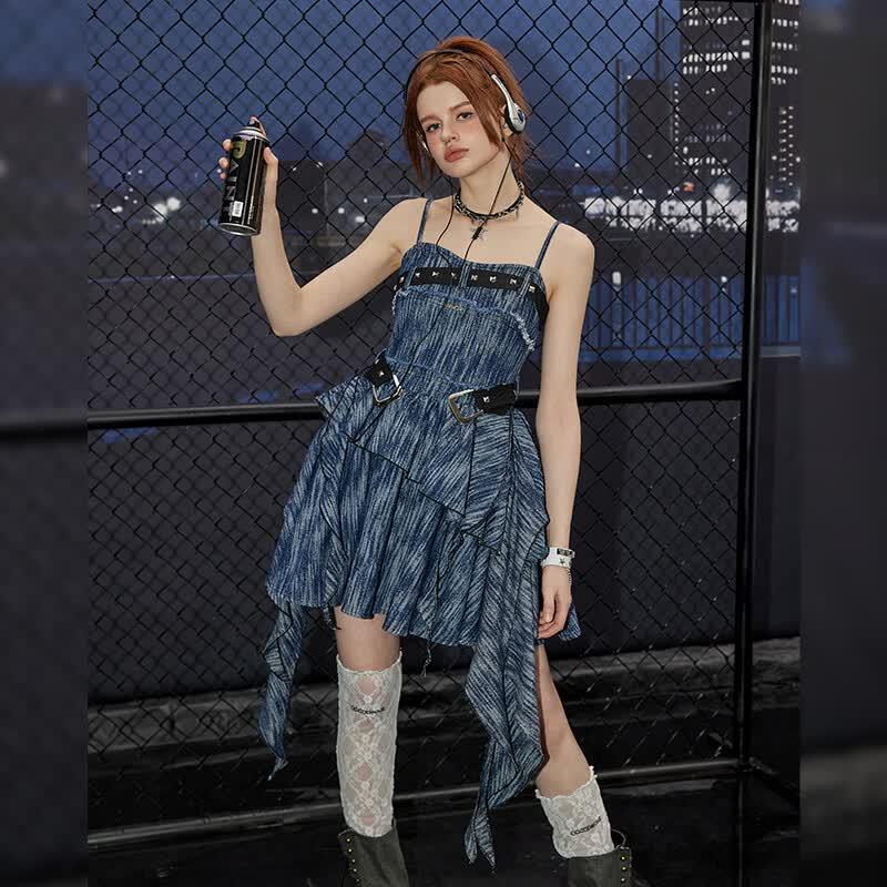 UNIFREE Celebrity Asymmetric Denim Cami Mini Dress