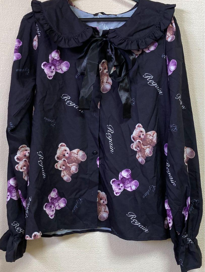 

[USED] Bear Ribbon Shirt Blouse Dreamy Bear Medium Plush Long Sleeve Black Landmine Black Mass-Produced