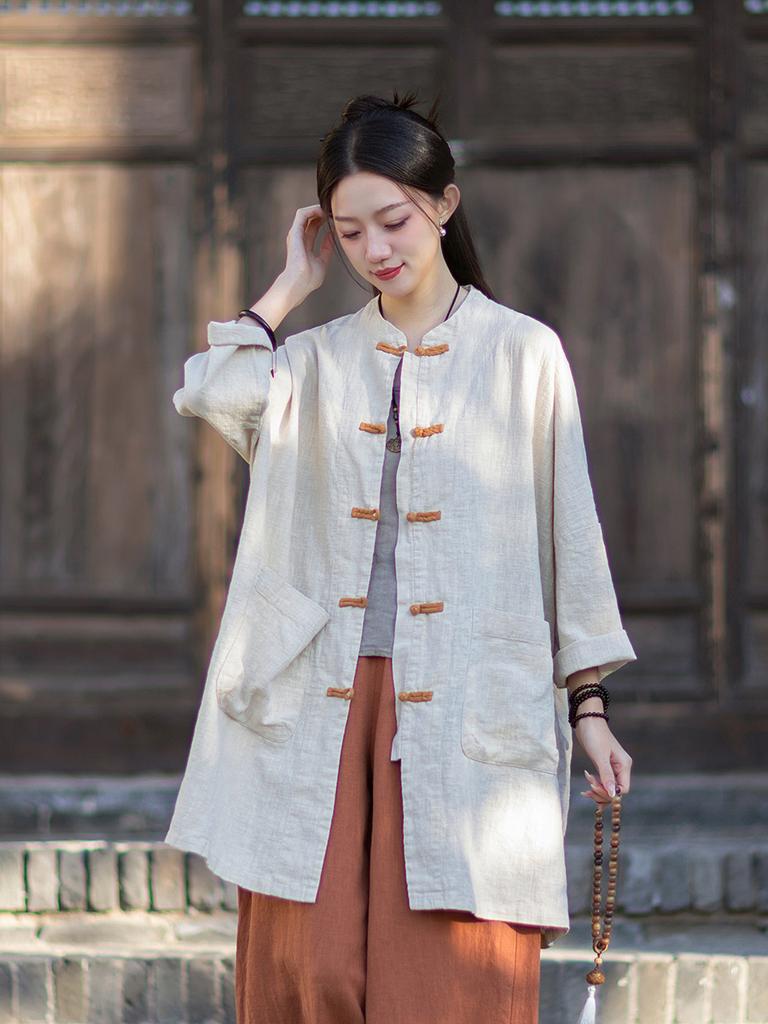 Johnature Women Shirts Vintage Tops Spring Chinese Style Button Solid Color Pockets Stand Long Shirts