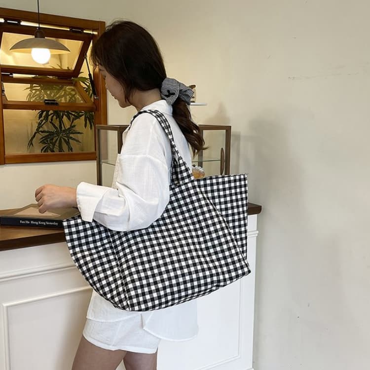 Contrast Color Plaid Shoulder Bag Large Capacity Tote Bag