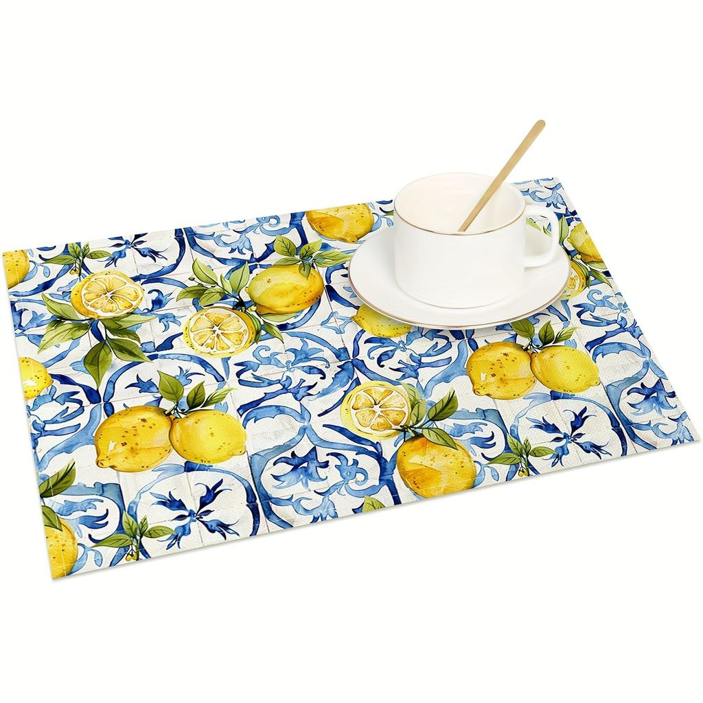 4/6pcs Set of Blue and Yellow Lemon Placemats with Vibrant Fruit and Floral Pattern in Blue Tile. Suitable for Home Kitchen, Restaurant, Party, Indoor