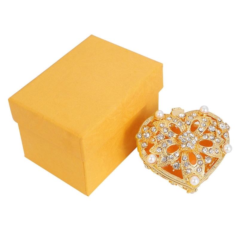 Romance Heart Shaped Metal Jewelry Storage Box Decorated With Diamonds And Pearls