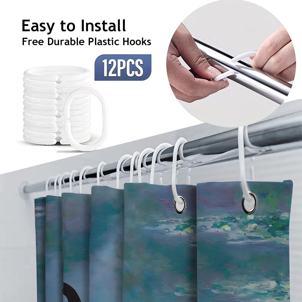 Impressionist Black Cat Water Lily Shower Curtain - Creative Monet Style Art - Indoor Home Bathroom Decor Artistic Bath Curtain