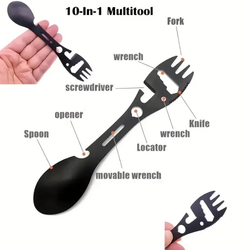 10-in-1 Outdoor Gabel Löffel Multifunktions Geschirr Rostfreies Küchenmesser Gabel Schraubenschlüssel Flaschenöffner Pfeife Camping Zubehör