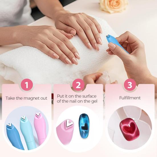 

3-in-1 Cat Eyes Nail Magnet Heart Magnetic Wand for Gel Polish Nail Art Magnet Pen Professional Salon Tool рожевий