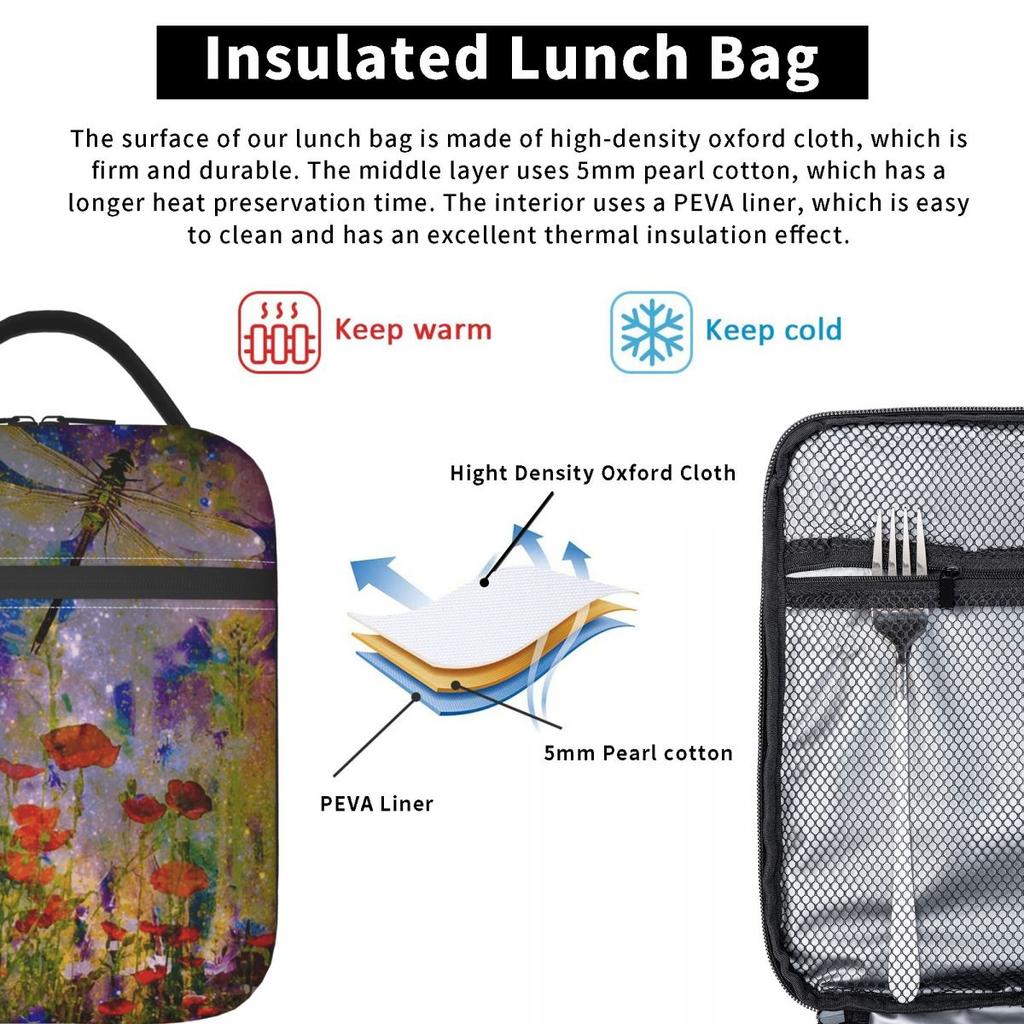 Dragonfly And Flower Painting Insulated Lunch Bag for Women Office Cooler Thermal Food Box Tote Portable Lunch Boxes Container