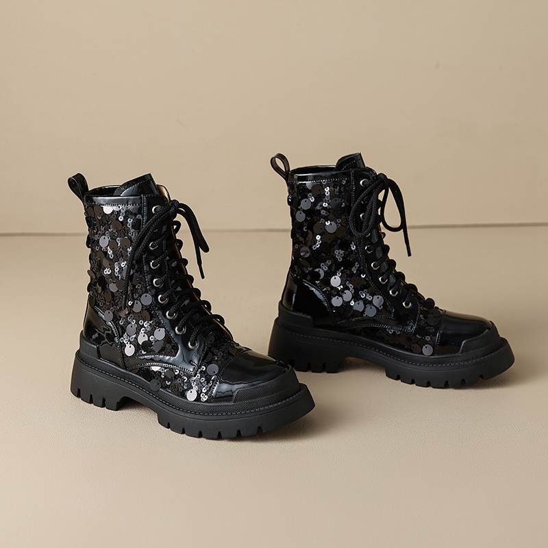 

Krazing Pot Микрофибра Блестящая Ткань Круглый Носок Размер 40 Ботильоны Мода Блеск Платформа На Шнуровке Осенние Ботинки 40 чёрный