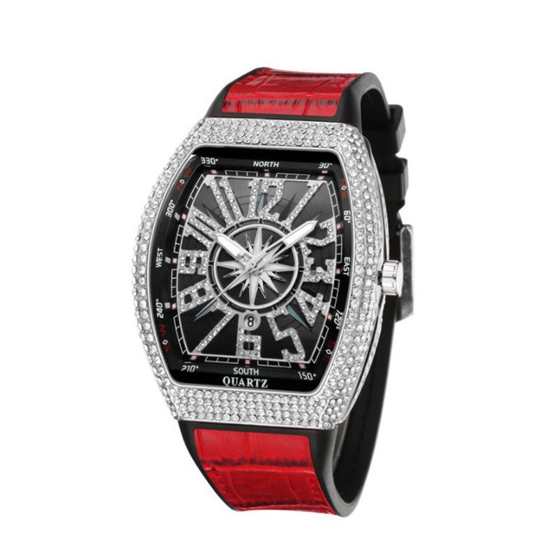 

Men s Barrel-Shaped Leather Strap Yacht Wristwatch with Inlaid Diamonds - Retro Quartz Design