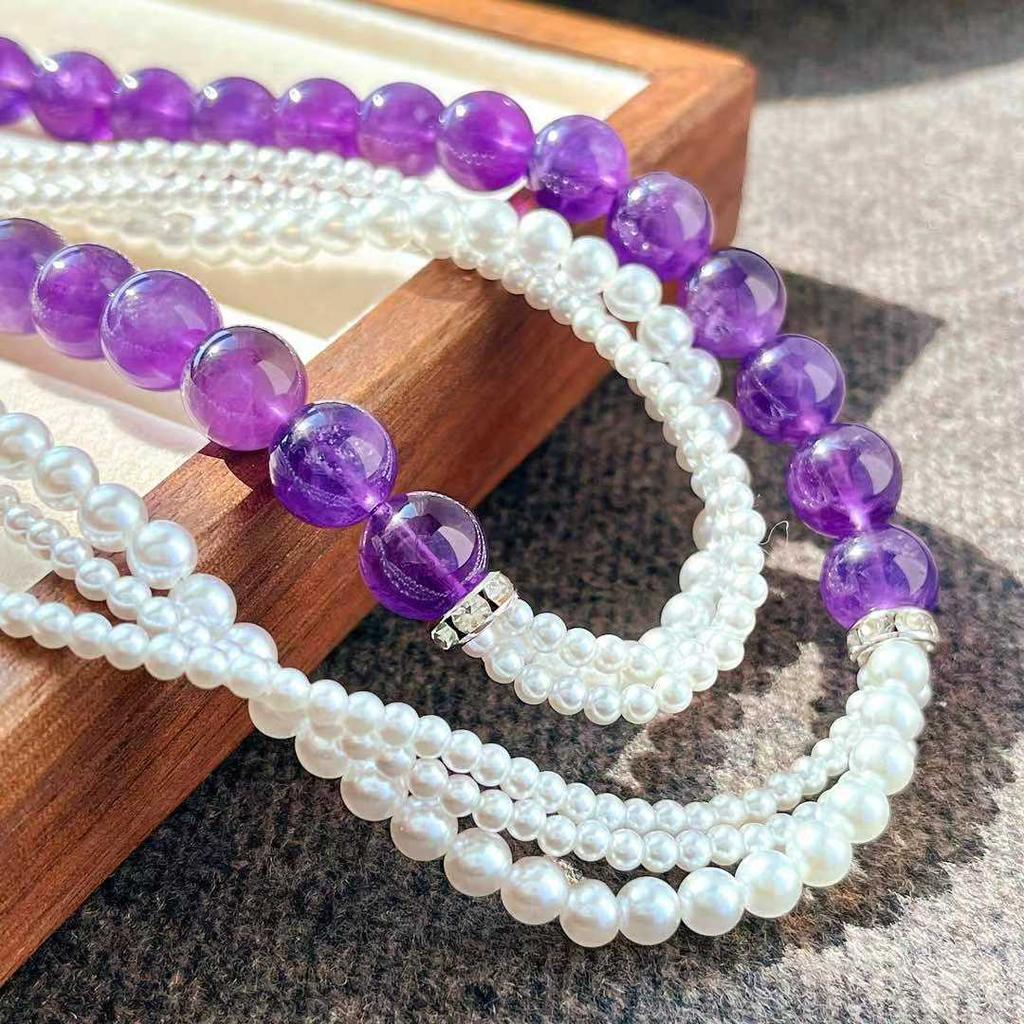 Vintage High-Quality Natural Amethyst Artificial High-Gloss Crystal Pearl Multi-Layer Design Necklace